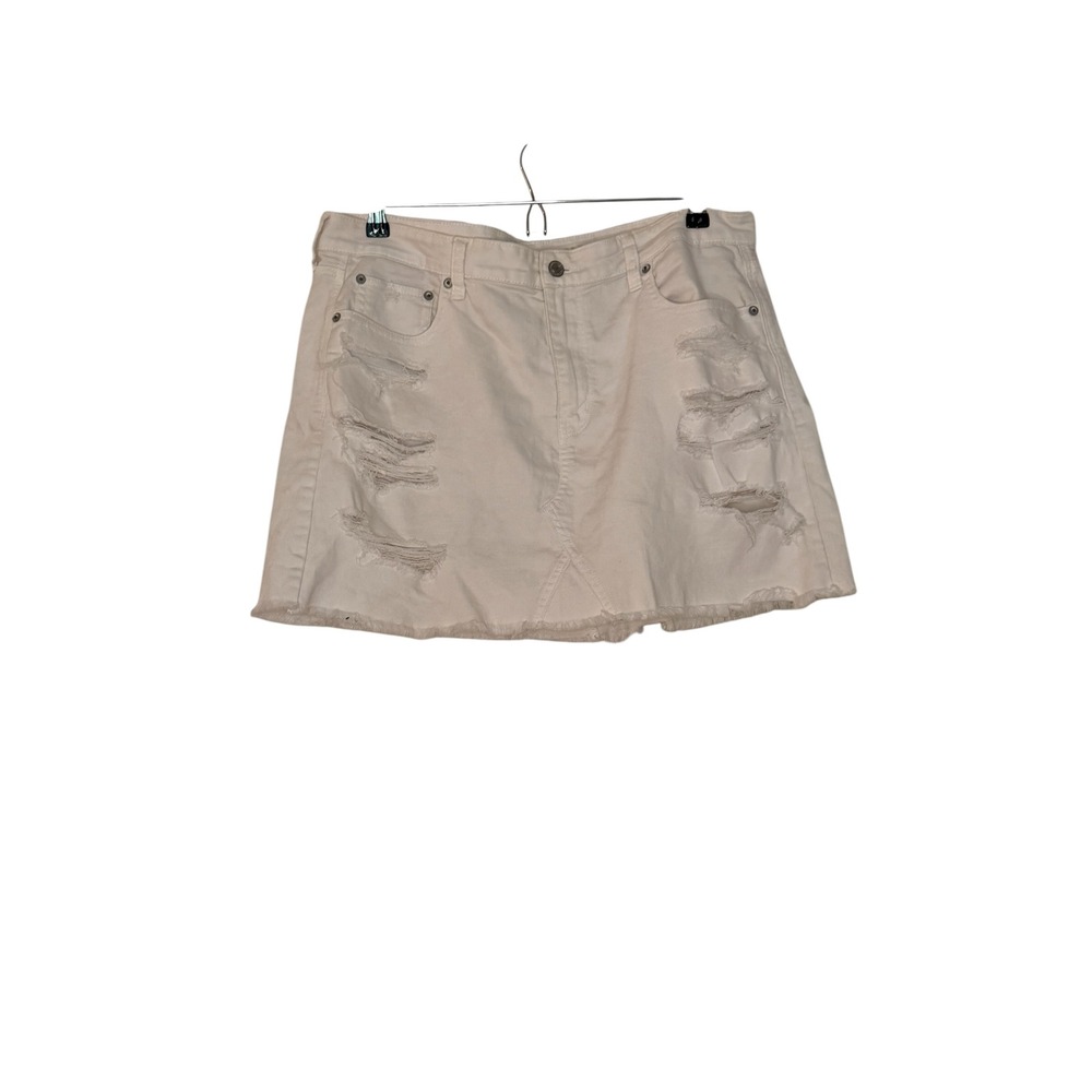 American Eagle Distressed Denim Mini Skirt Cream Off White Frayed Hem Edgy